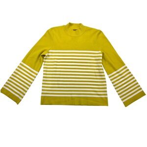 Calligraphie Knit Sweater High Neck Bell Long Sleeve Stripe Yellow Green Women M